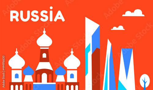 Russia. Travel and tourism background. National landmarks. Skyscrapers, business and the Orthodox Church. Russian culture, religion. Vector flat illustration on a red background.