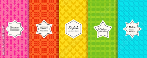 Vector colorful seamless pattern collection. Set of cute minimalist background swatches with elegant labels. Abstract geometric textures. Bright summer design. Blue, green, yellow, orange, pink color