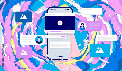 Smartphone addiction - Hand holding phone with addictive internet media elements flying around. Vector illustration