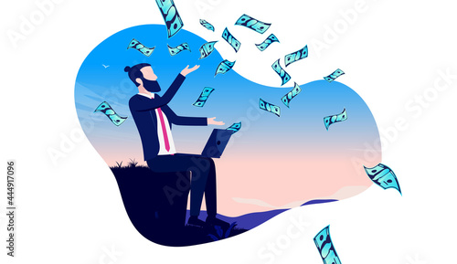 Make money from anywhere - Man sitting outdoors with laptop throwing paper bills in air. Freelance success and freedom concept. Vector illustration.