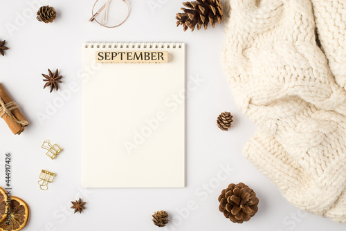 Top view photo of white scarf planner with inscription september pine cones dried lemon slices cinnamon sticks golden binder clips and stylish glasses on isolated white background with copyspace