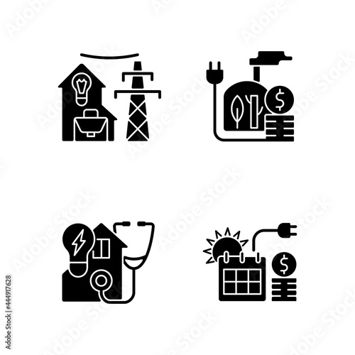 Electrical energy purchase black glyph icons set on white space. Utility service for residential house. Biomass power production. Silhouette symbols. Vector isolated illustration
