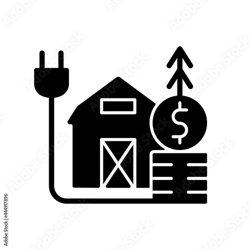 Rural energy price black glyph icon. Electrical power consumption in villages and country ares. Financial expense for utility. Silhouette symbol on white space. Vector isolated illustration