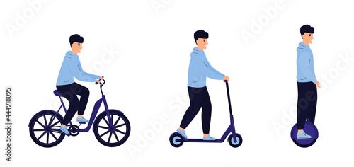 Man riding by electric bicycle, scooter, monowheel isolated on white background. Eco transport. Transportation and green vehicle