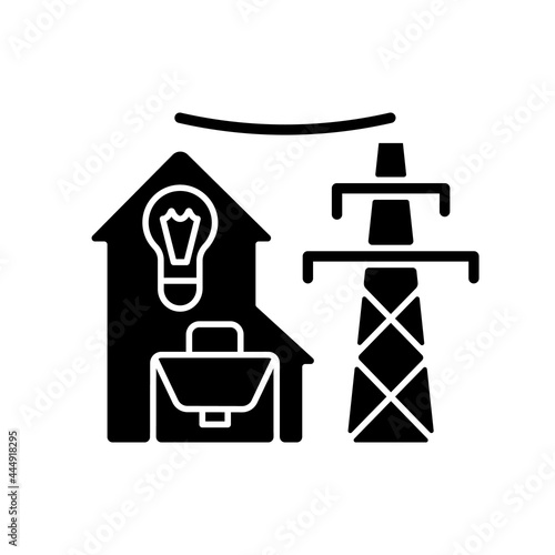 Electric utility black glyph icon. Electricity power industry production. Resource supply for residential building. Energy purchase. Silhouette symbol on white space. Vector isolated illustration