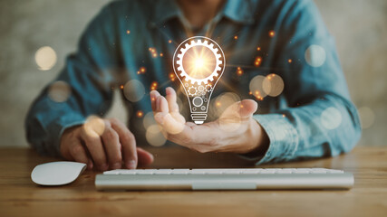Innovation. Hands holding light bulb for Concept new idea concept with innovation and inspiration, innovative technology in science and communication concept,.