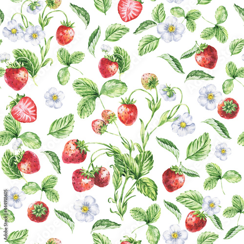 Fototapeta Naklejka Na Ścianę i Meble -  Strawberry watercolor seamless pattern with flowers and leaves. Watercolour repeating background.
