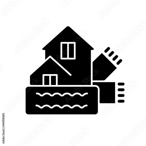 Weatherization black glyph icon. Weatherproofing building. Efficient insulation for home. House heat, climate control. Energy purchase. Silhouette symbol on white space. Vector isolated illustration