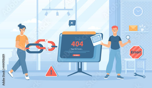 Broken link. Error - Page not found 404, Go back. Link to empty non existent page.  Flat cartoon vector illustration with people characters for banner, website design or landing web page  