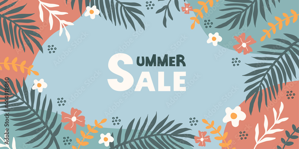  Summer SALE colorful banner background with tropical leaves, flowers and lettering on blue background. Modern summer design. Vector illustration	