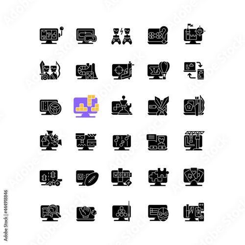 Online game types black glyph icons set on white space. Adventure gameplay. Exciting action gameplay. Cooperative quests with friends and family. Silhouette symbols. Vector isolated illustration