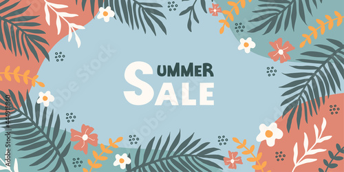  Summer SALE colorful banner background with tropical leaves  flowers and lettering on blue background. Modern summer design. Vector illustration 