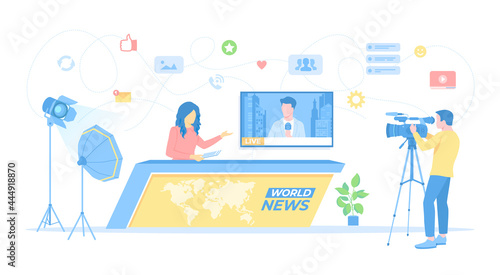 News studio room with woman newscaster, journalist on a tv screen, cameraman and video lighting kits. Breaking world news, TV show. Vector illustration flat style.