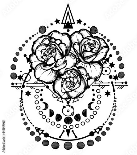Vector illustration, Moon Phases, Alchemy, magical astrology, spirituality and occultism, roses, Handmade, print on t-shirt, tattoo