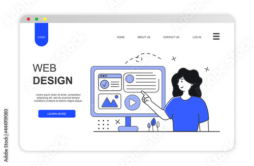 Woman designer create web page. Web development concept. SEO development theme illustration.