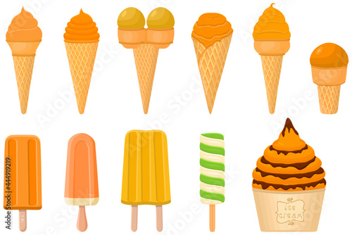 big kit ice cream popsicle different types in cone waffle cup