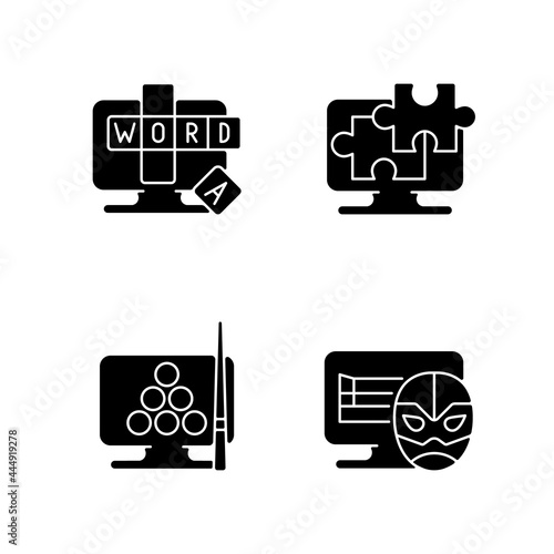 Intellectual game types black glyph icons set on white space. Online word guessing game. Jigsaw puzzles solving. Wrestling matches simulators. Silhouette symbols. Vector isolated illustration