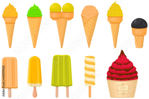 big kit ice cream popsicle different types in cone waffle cup