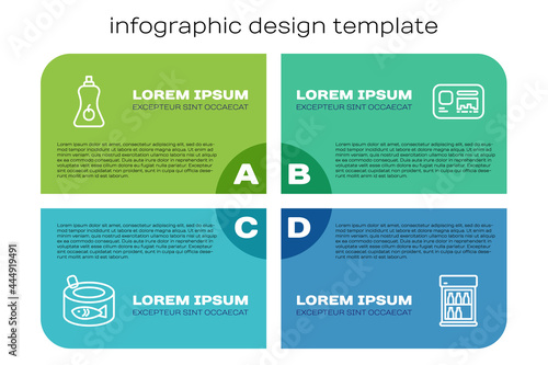 Set line Canned fish, Sauce bottle, Commercial refrigerator and Identification badge. Business infographic template. Vector