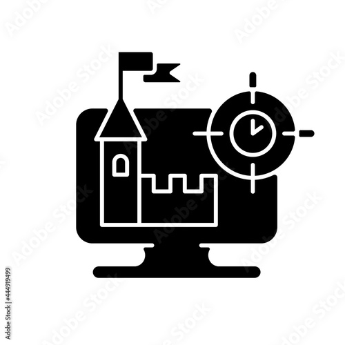 Real time strategy game black glyph icon. Player controling units on digital battleground. Intelectual fight against opponent. Silhouette symbol on white space. Vector isolated illustration