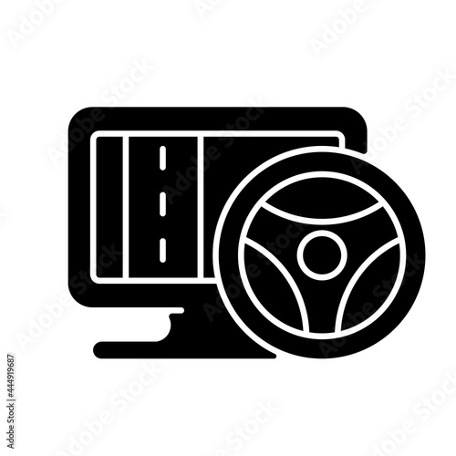 Vehicle simulation black glyph icon. Innovative car driving games. Players feels like controlling different real automobile on road. Silhouette symbol on white space. Vector isolated illustration