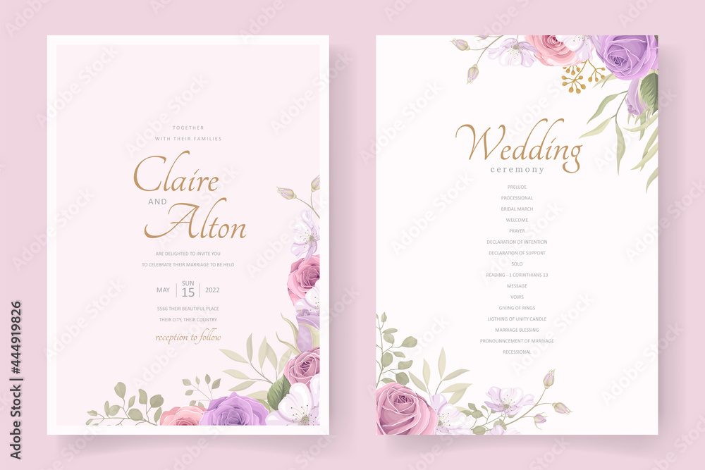 Elegant wedding card template with soft floral and leaves ornament