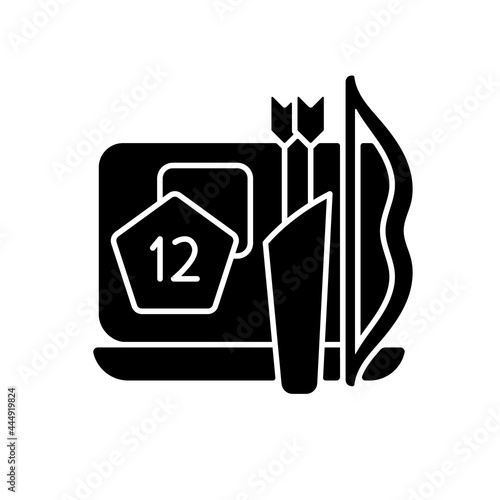 Role play game black glyph icon. Users playing roles of characters. Special characters gameplay. Exciting story. Interesting scenario. Silhouette symbol on white space. Vector isolated illustration