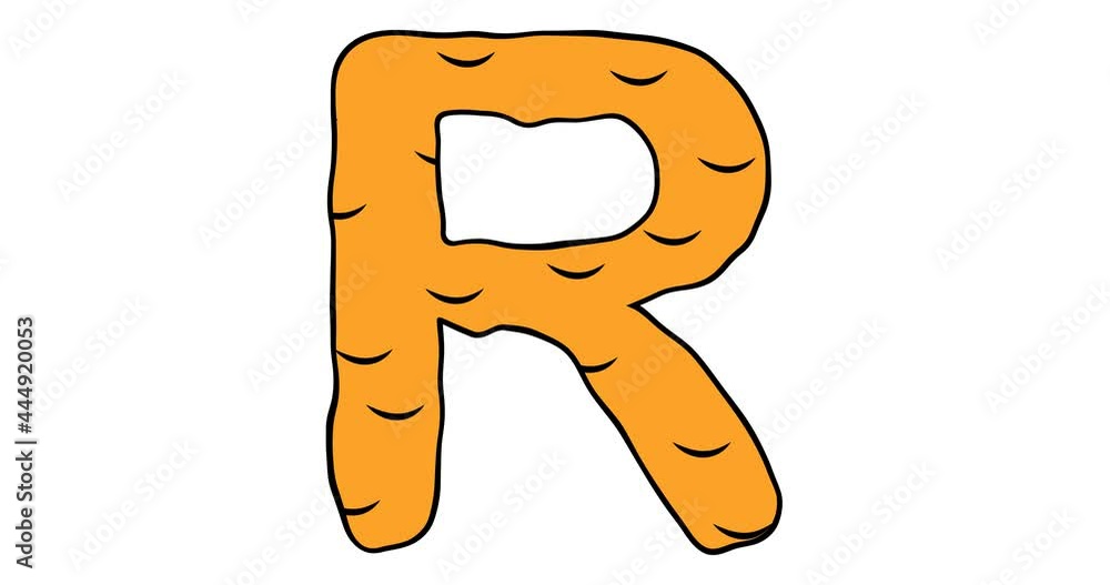Letter R. Video in cartoon style, melting orange letter on which liquid flows down. Advertising of honey, chocolate and ice cream. 4K animation with alpha channel for web sites, presentations