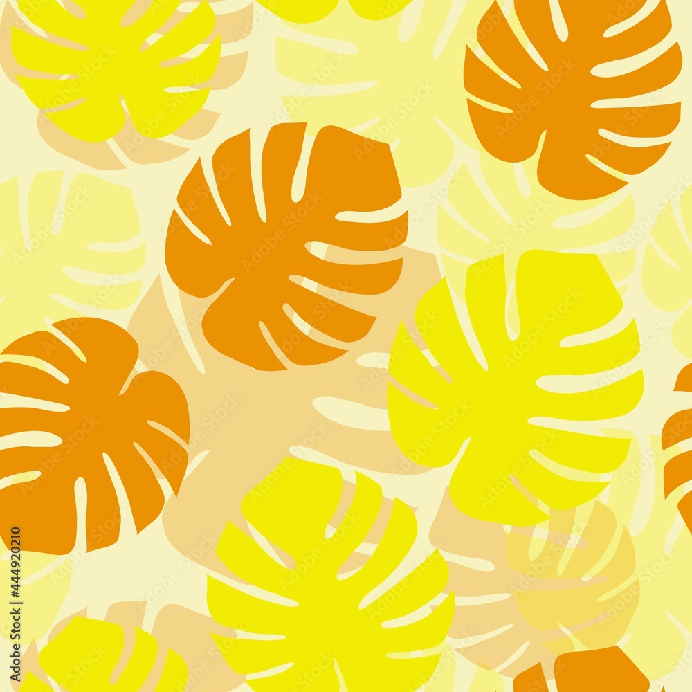 Monstera leaves tropical bright pattern design. Exotic summer yellow orange leaves colorful texture. Textile, print, fabrix, texture design pattern. Monstera leaves tropical bright pattern design. Exotic summer yellow orange leaves colorful texture. Textile, print, fabrix, texture design pattern.
