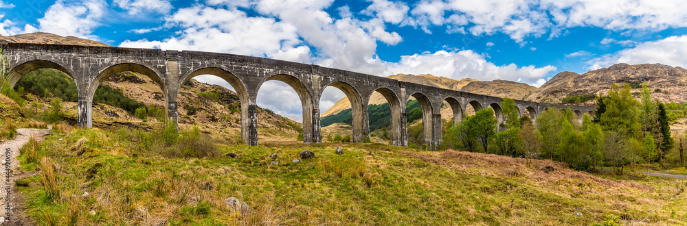 A panorama view from the path across the viaduct at Glenfinnan, Scotland on a summers day