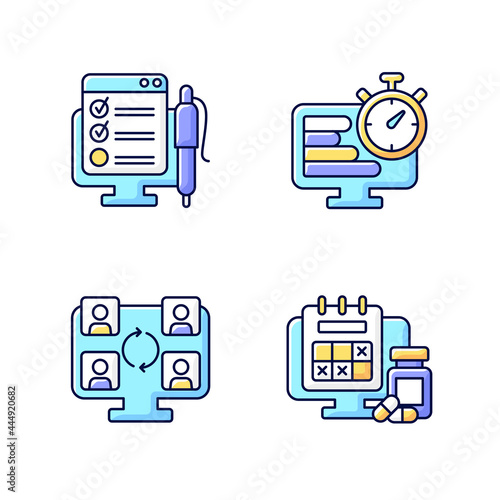 Tracking for remote work RGB color icons set. Online form with control checklist. Time management. Isolated vector illustrations. Work monitoring tools simple filled line drawings collection