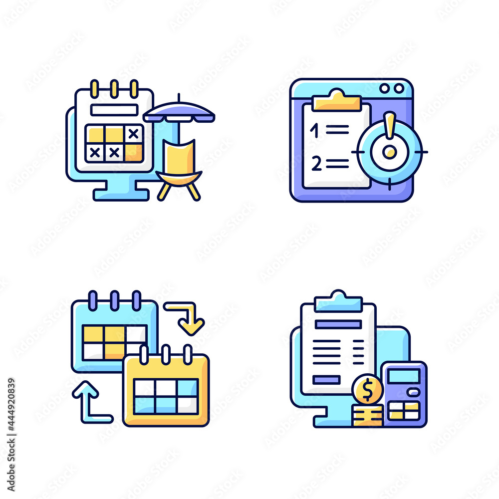 Remote work trackers RGB color icons set. Vacation leave for employee ...
