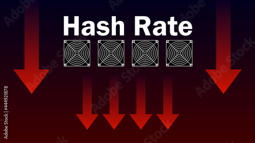 Hash rate fallen red down arrow. Mining power has dropped. Banner for news. Vector illustration.