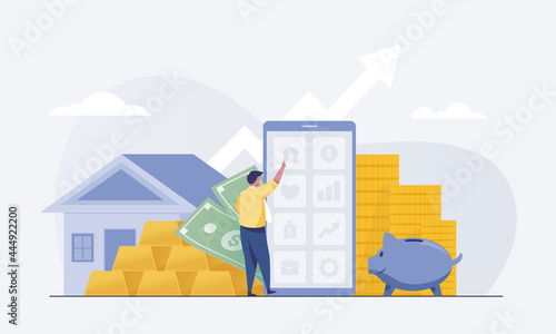 Tiny man make money buying a house. investing money in property. vector illustration