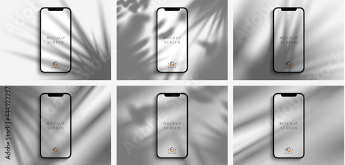 Mockup - Template. Set of nature shadow overlays and screen smartphone  mockup. Transparent realistic shadow of tropical leaf. Vector illustration EPS 10