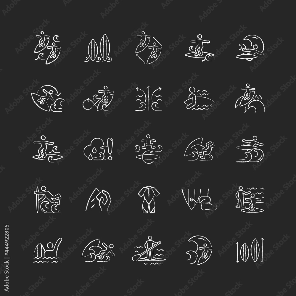 Surfing chalk white icons set on dark background. Recreational activity. Catching waves and learning tricks. Surf zone. Advanced level manoeuvre. Isolated vector chalkboard illustrations on black