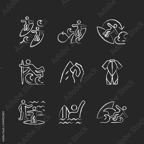 Surface water sport chalk white icons set on dark background. Surfing with mate. Performing roundhouse cutback. 360 maneuver. Surfboard wax. Wetsuit. Isolated vector chalkboard illustrations on black