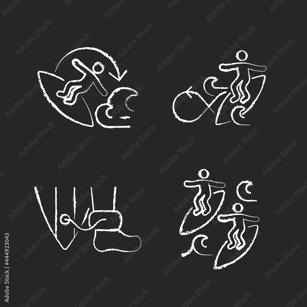 Extreme water sport chalk white icons set on dark background. 360 surfing maneuver. Wearing surfboard leash. Performing roundhouse cutback. Isolated vector chalkboard illustrations on black
