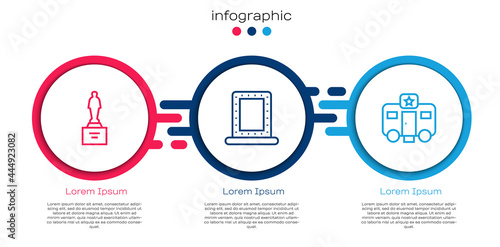 Set line Movie trophy, Makeup mirror with lights and Actor trailer. Business infographic template. Vector