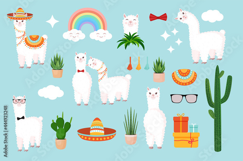 Collection of cute and festive llamas and alpacas on a blue background. Set of decorative elements for your design of postcard, poster, wrapping paper, textiles, patern, scrapbooking.