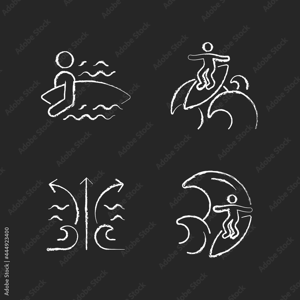 Riding wave using board chalk white icons set on dark background. Entering water. Floater technique. Rip currents. Big wave. Surfing for first time. Isolated vector chalkboard illustrations on black