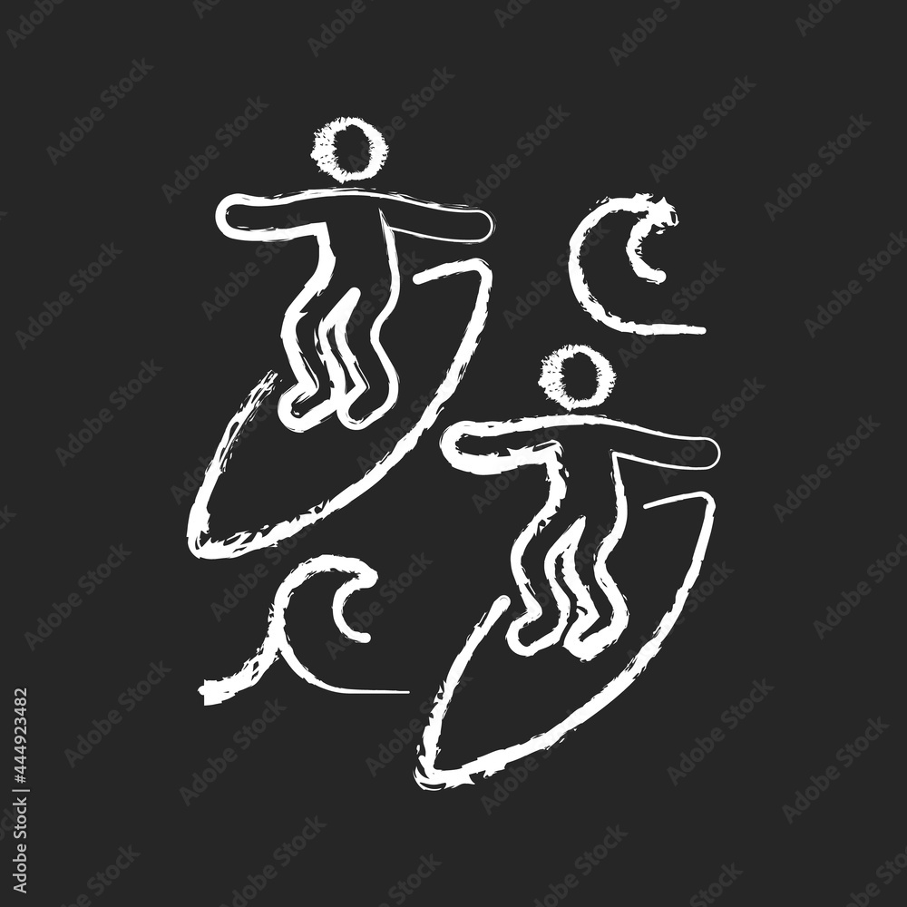 Surfing with mate chalk white icon on dark background. Catching waves with surf coach and experienced friend. Joining surf club. Water sport activity. Isolated vector chalkboard illustration on black Surfing with mate chalk white icon on dark background. Catching waves with surf coach and experienced friend. Joining surf club. Water sport activity. Isolated vector chalkboard illustration on black