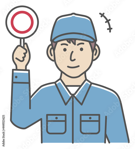 ○×プレートを手に持つ若い男性作業員のイラスト（上半身) /○・OK・良い
