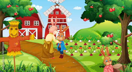 Farm scene at daytime with rabbit family