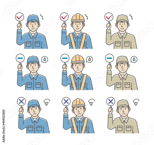 Blue  collar workers showing placards vector illustration set
