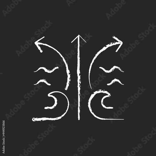 Rip current wave chalk white icon on dark background. Potential dangerous threat to surfer. Flat spot in waves. Formation from breaking waves. Isolated vector chalkboard illustration on black