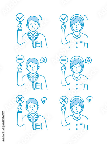 Doctor nad nurse showing placards illustration set