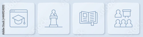 Set line Online education, Reading book, Speaker and Training, presentation. White square button. Vector
