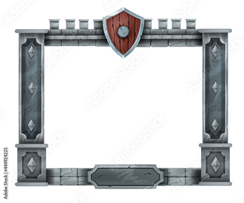 Medieval game stone frame, UI interface vector panel, ancient rock pillars, wooden knight shield. User RPG window interface, quest menu concept, square decoration display. Old castle game frame