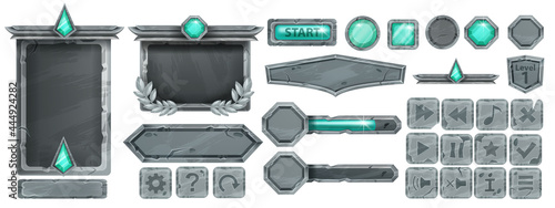 Stone UI game button set, rock vector frame, gray boulder sign board, green crystal, icon collection. User interface medieval window menu concept, circle and square panels. Stone button asset on white
